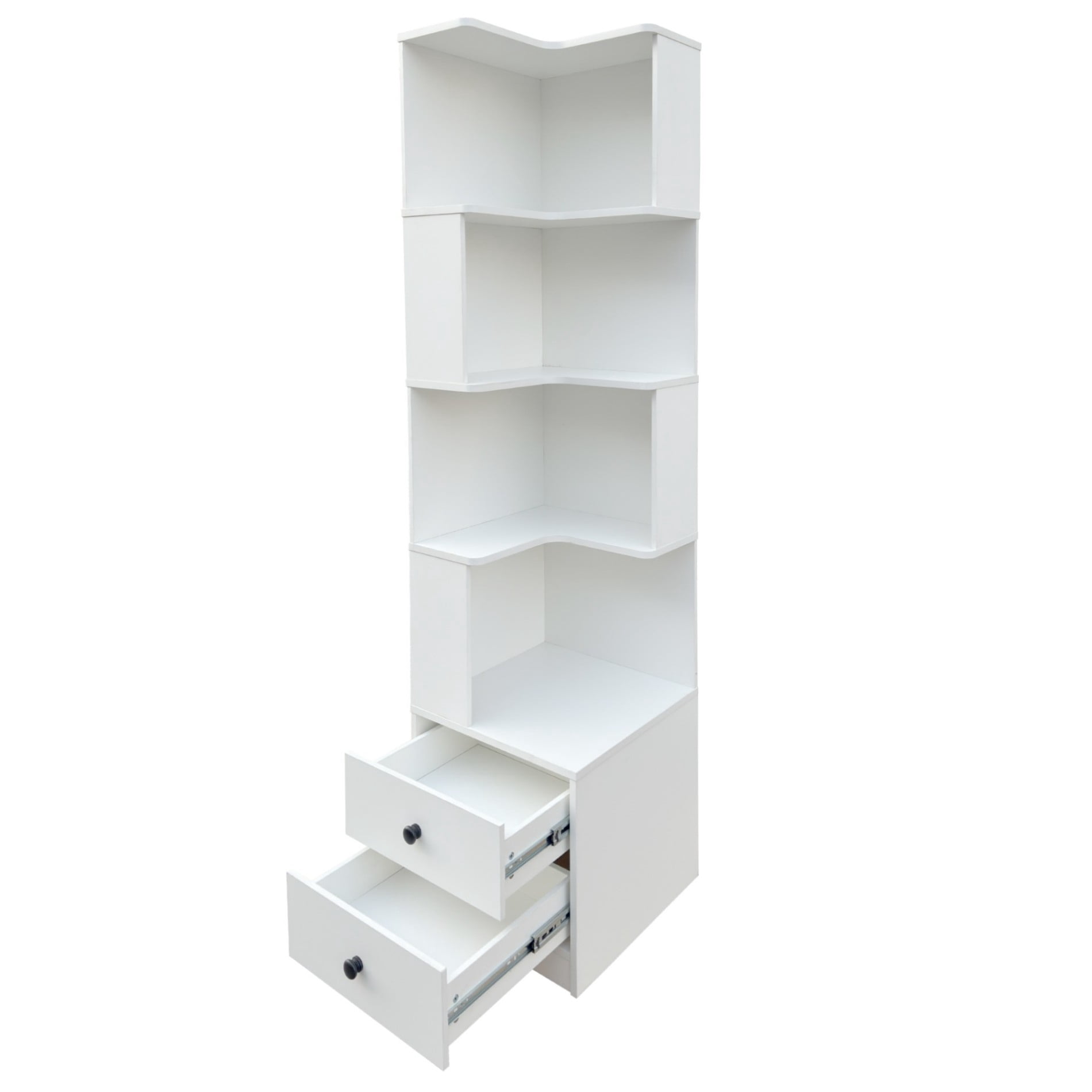 Corner Bookshelf with Drawers, 4 Tier L Shaped Corner Shelf with LED Lights, Small Space Corner Bookcase Storage Organizer for Living Room Bedroom Office, White