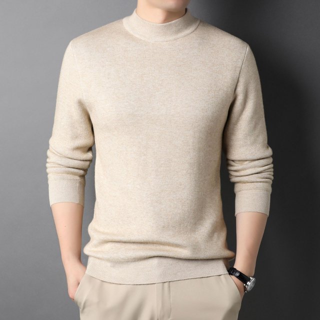 Suéter de punto de color sólido de boutique de cuello alto medio de otoño e invierno para hombres, suéter casual de moda para hombres