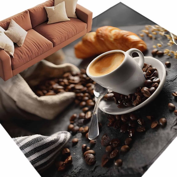 Coffee Beans Area Rugs Collection 8'x10', Hot Latte Cup Bread Rustic Cafe Time Non Slip Indoor Rectangle Throw Runner Rug Floor Mat Carpet for Living Room Dining Table Bedroom Nursery