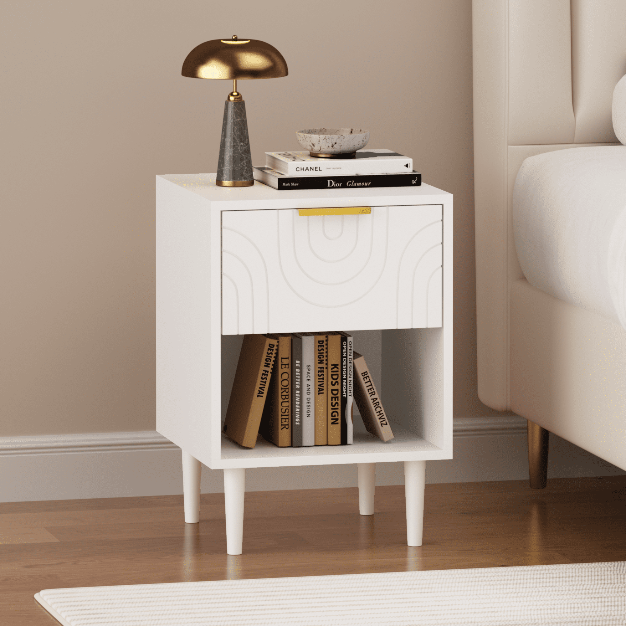 22.83" H Modern White Nightstand with One Drawer and Open Shelf, Gold - Accented Handle, Ideal for Bedroom Decor