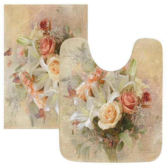 2 Piece Bath Mat Set with U-Shaped Toilet Mat and Rectangle Bath Rugs Non Slip Machine Washable Bathroom Mats Beautiful Floral Bouquet