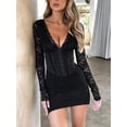 thumbnail image 4 of FOCUSNORM Robe Moulante pour Femmes Élégante à Manches Longues à Col en V Coupe Ajustée Robe en Dentelle Robe Courte Tenue de Boîte de Nuit, 4 of 8