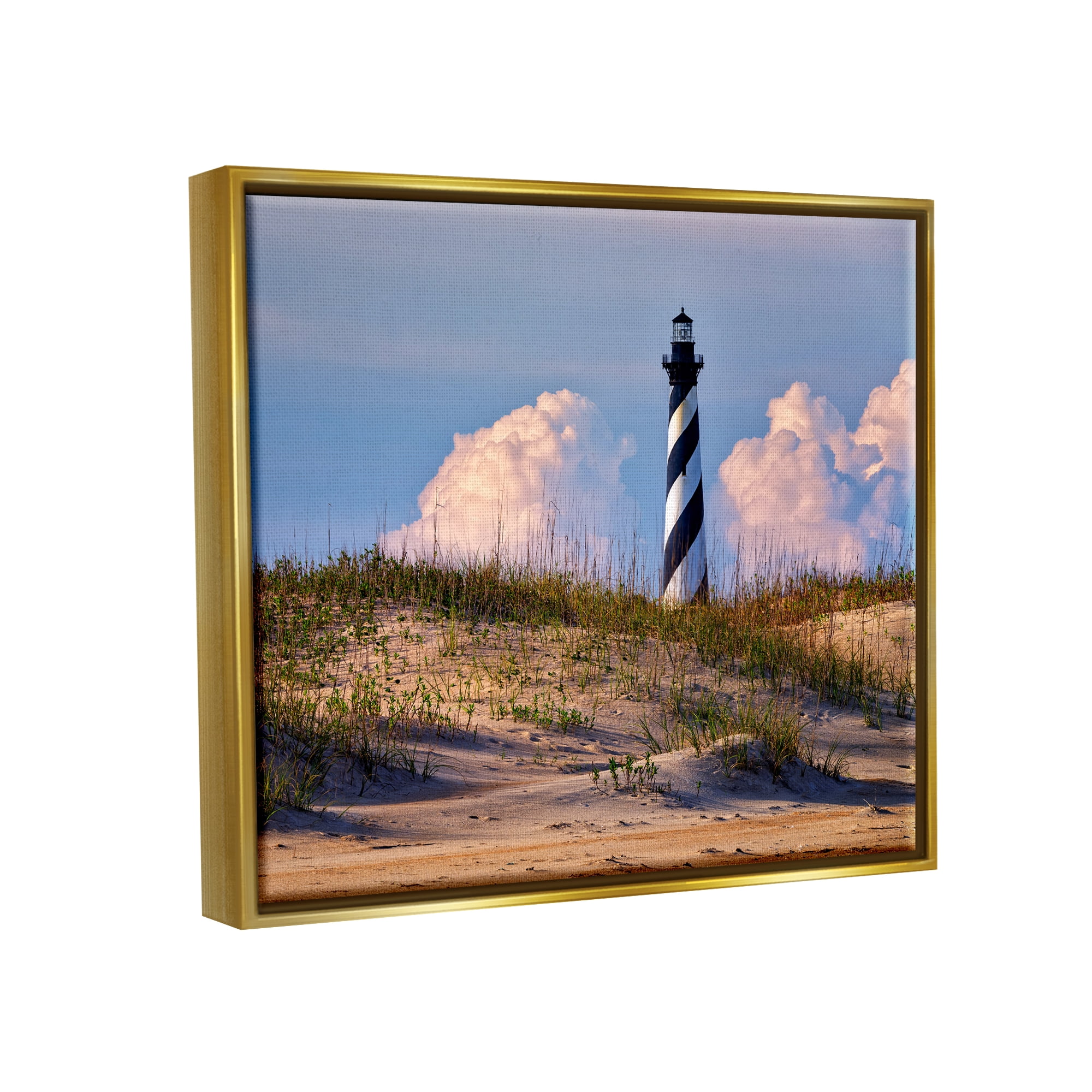 Stupell Nautical Lighthouse Cloudy Dunes Landscape Photography Gold Floater Framed Art Print Wall Art