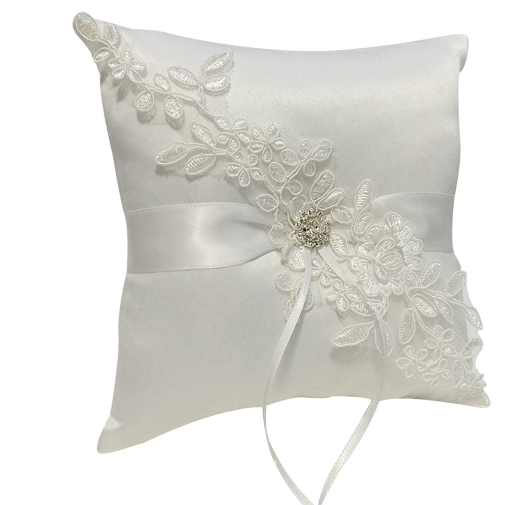Wedding Ceremony White Satin Crystal Flower Ring Bearer Pillow Cushion Gifts New 