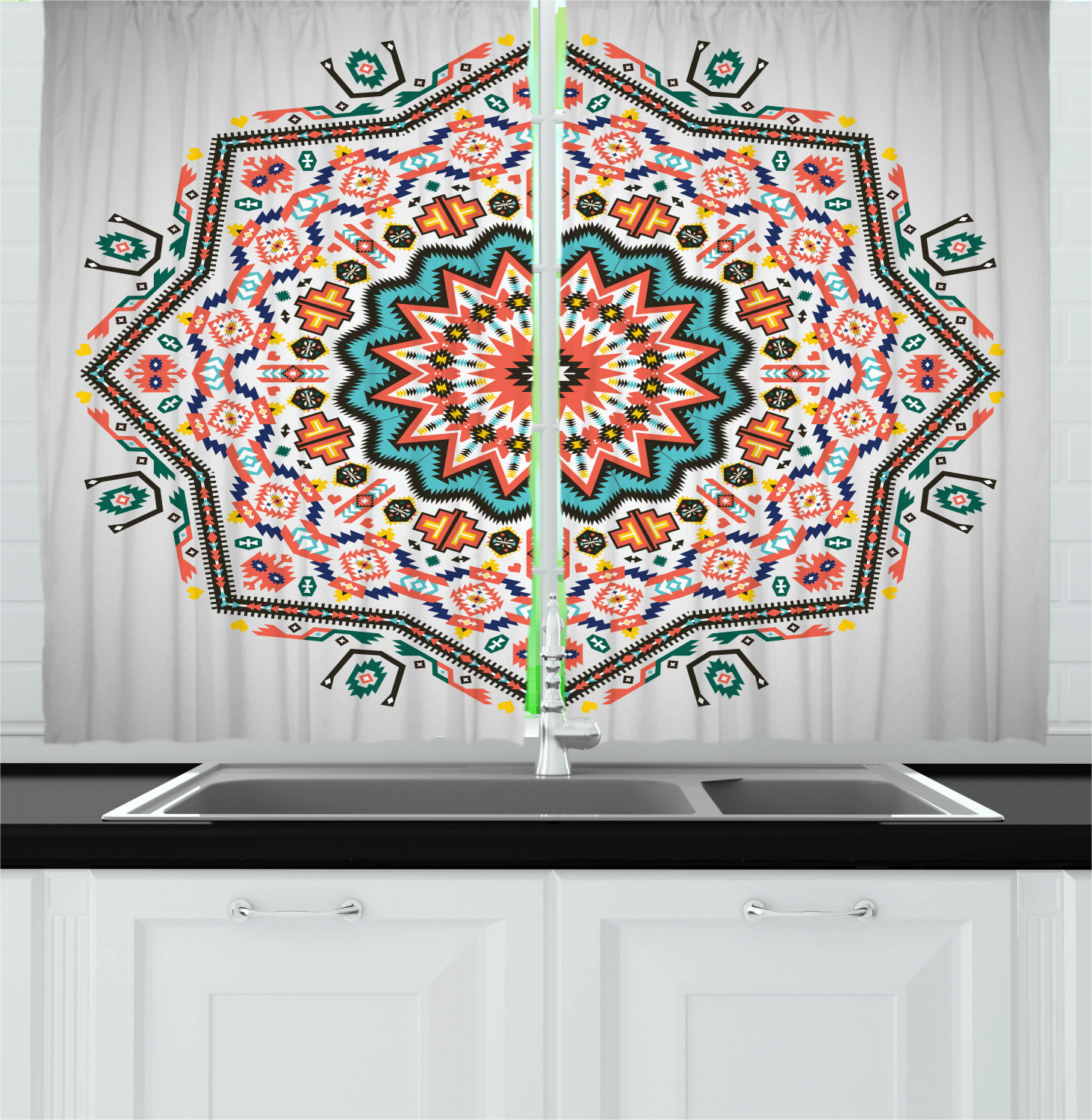 Tribal Curtains 2 Panels Set, Abstract Aztec Style Kaleidoscope Themed Boho Ethnic Sun Pattern Art Print, Window Drapes for Living Room Bedroom, 55W X 39L Inches, Coral Turquoise, by Ambesonne