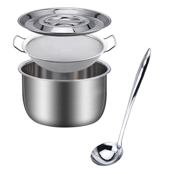 Recipiente para grasa de tocino con colador, de acero inoxidable, con tapa y asa, para almacenar aceite a altas temperaturas. Recipiente para grasa de cocina.