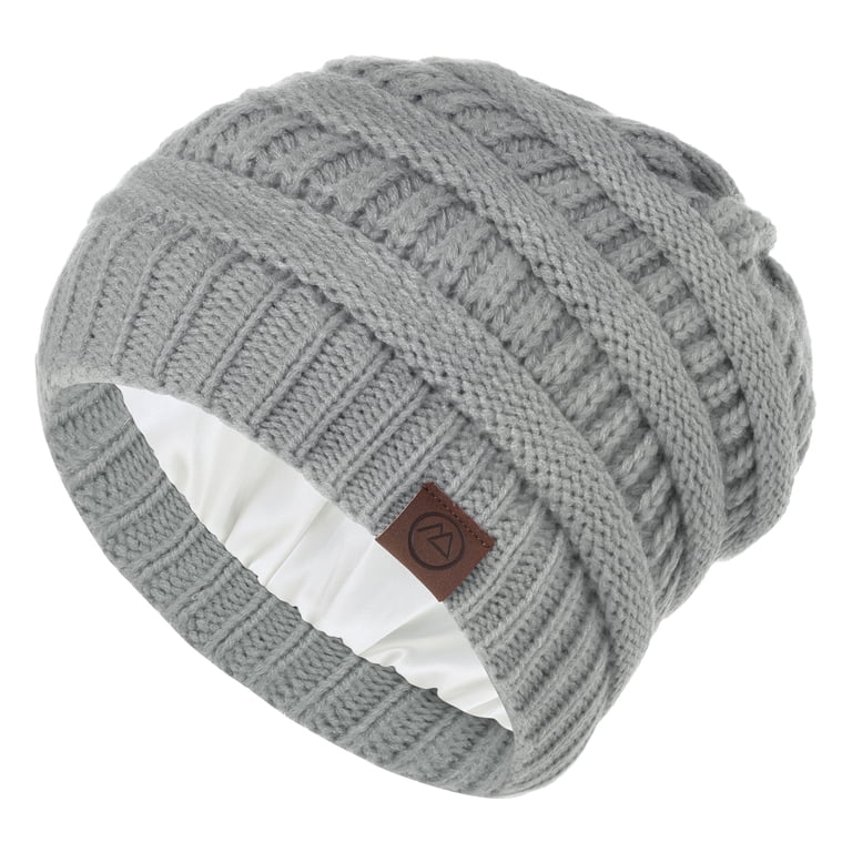 2 Pack Women\'s Winter Beanie Hat Satin Lined Cable Knit Beanies, Black, White Hugo Winter Knitted Satin Lined Beanie Hats for Women  main image 4