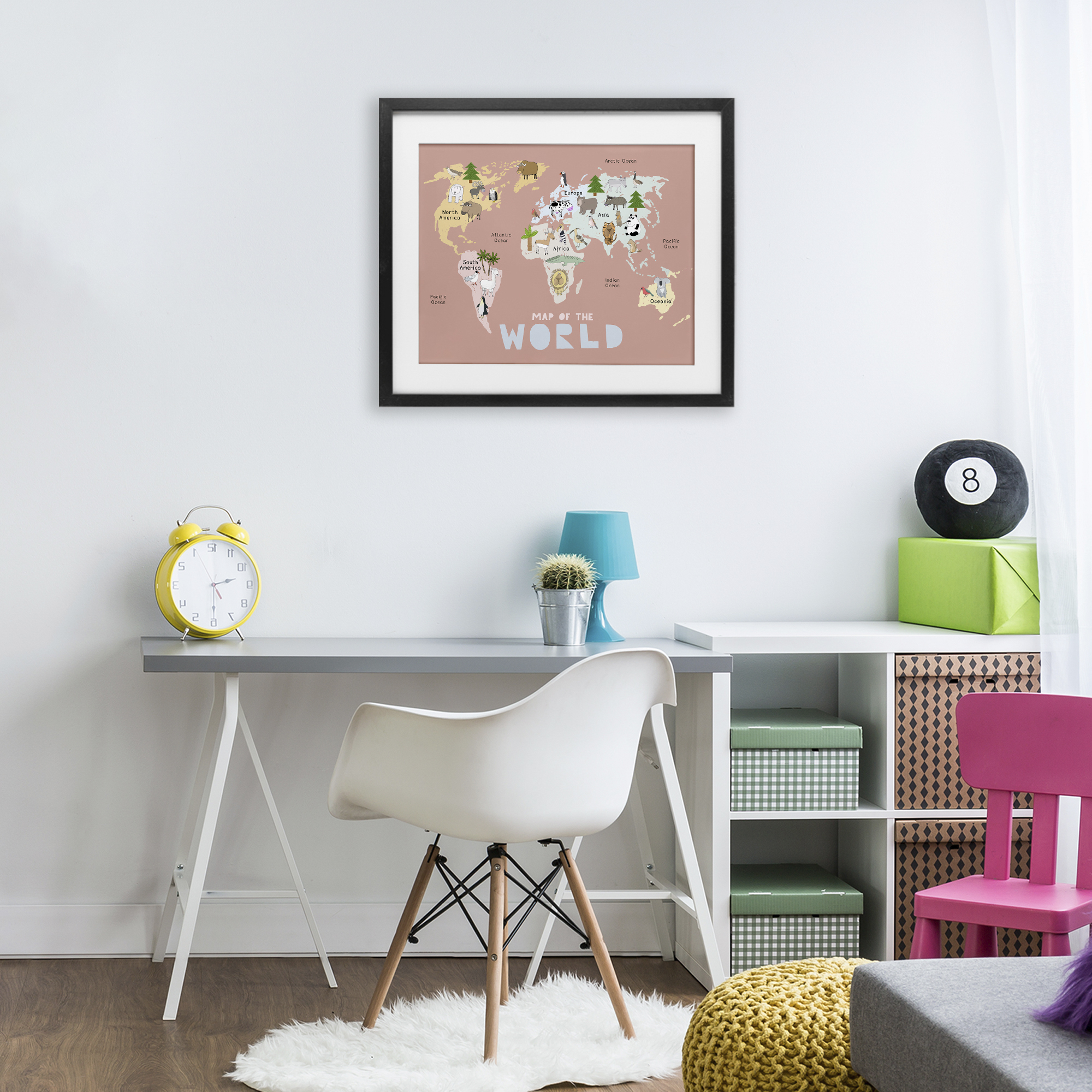 Kid's Map Of World Pink Black Framed Print Under Glass, design by Carla Daly
