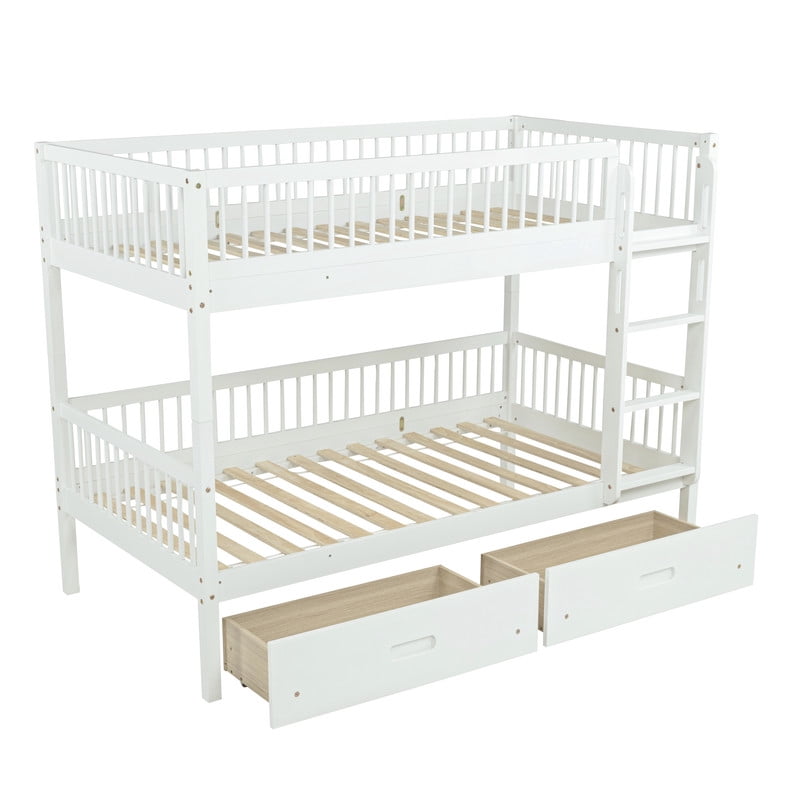 Twin-Over-Twin Wood Bunk Bed Convertible into 2 Platform Beds, Kids Storage Bed Frame with 2 Drawers, Ladder & Safety Guardrails