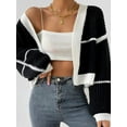 thumbnail image 3 of Women's Long Sleeve Cropped Cardigan, Contrast Color V-Neck Loose Open Front Knit Sweater Kimono Coat, 3 of 7