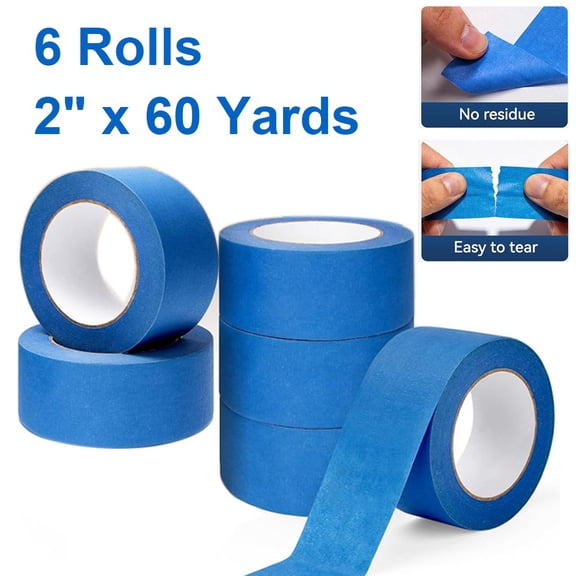 MPRT 6 Rolls Blue Painters Masking Tape, 2 Inch x 60 Yards 5.5 Mil, for Wall Painting, Car Painting