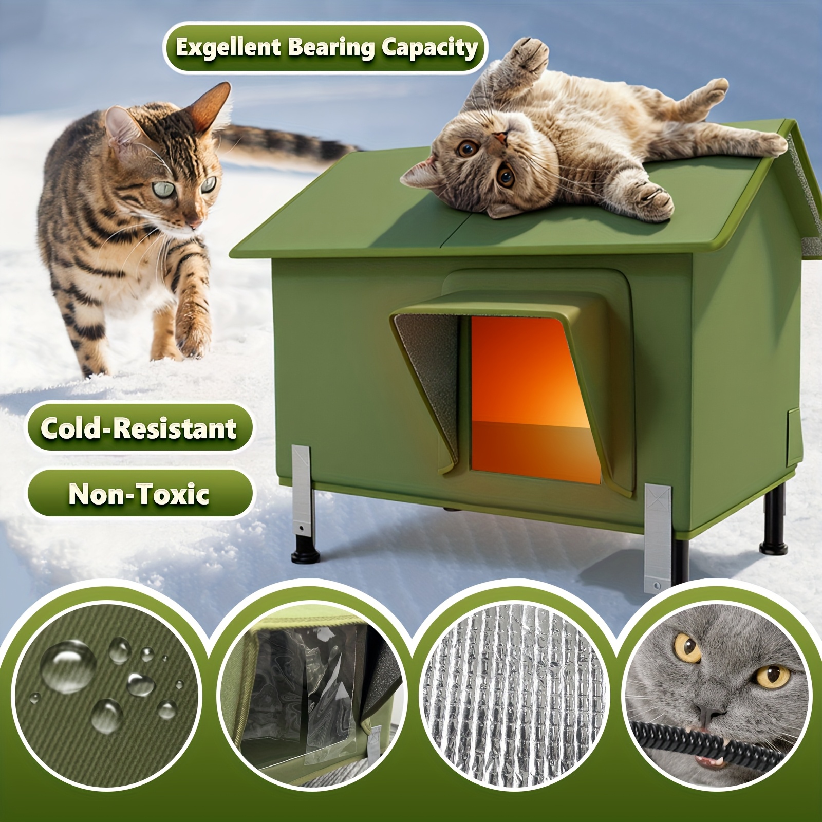 Heated Cat House for Iron pipe style, Extremely Insulated Outdoor Cat House Escape Door, Awning, Elevated Feral Animal Shelter for Winter
