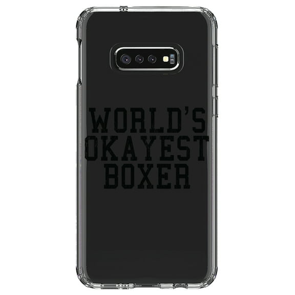 DistinctInk Clear Shockproof Hybrid Case for Samsung Galaxy S10e (5.8" Screen) - TPU Bumper Acrylic Back Tempered Glass Screen Protector - World's Okayest Boxer