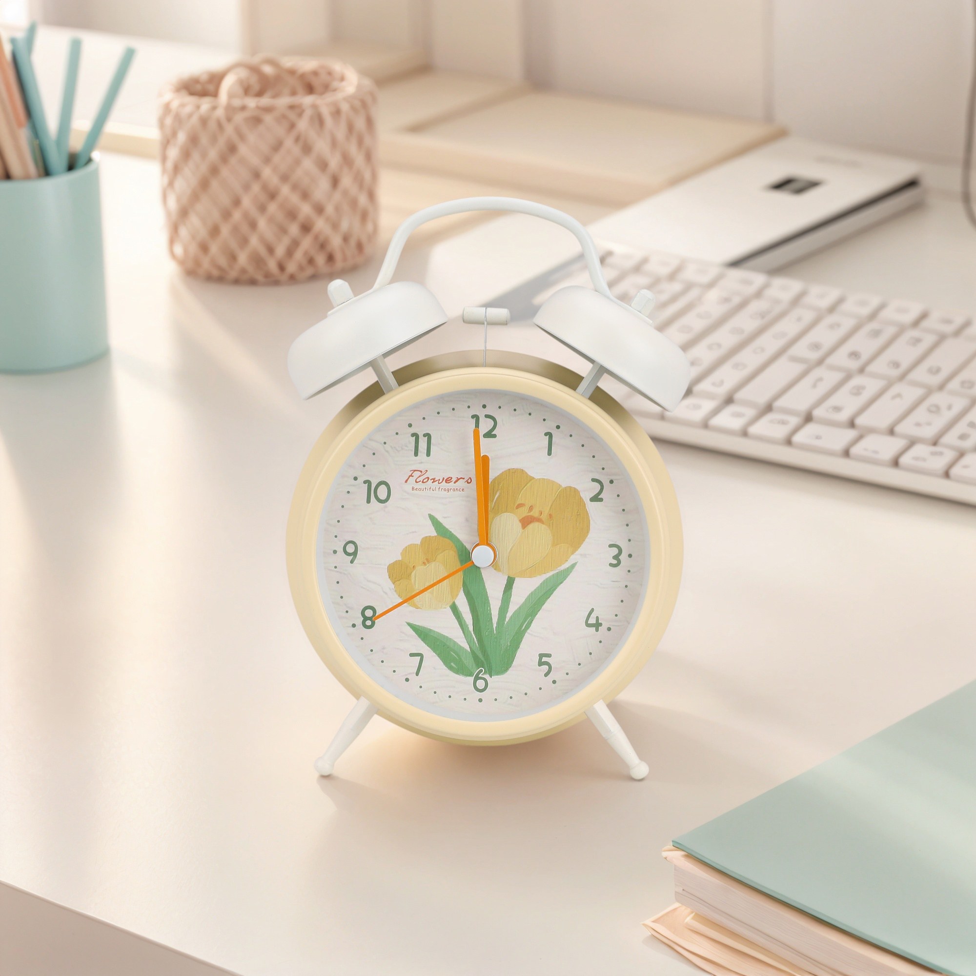 Unique Bargains Floral Vintage Metal Alarm Clock Yellow 4.6"L x 2.2"W x 6.6"H