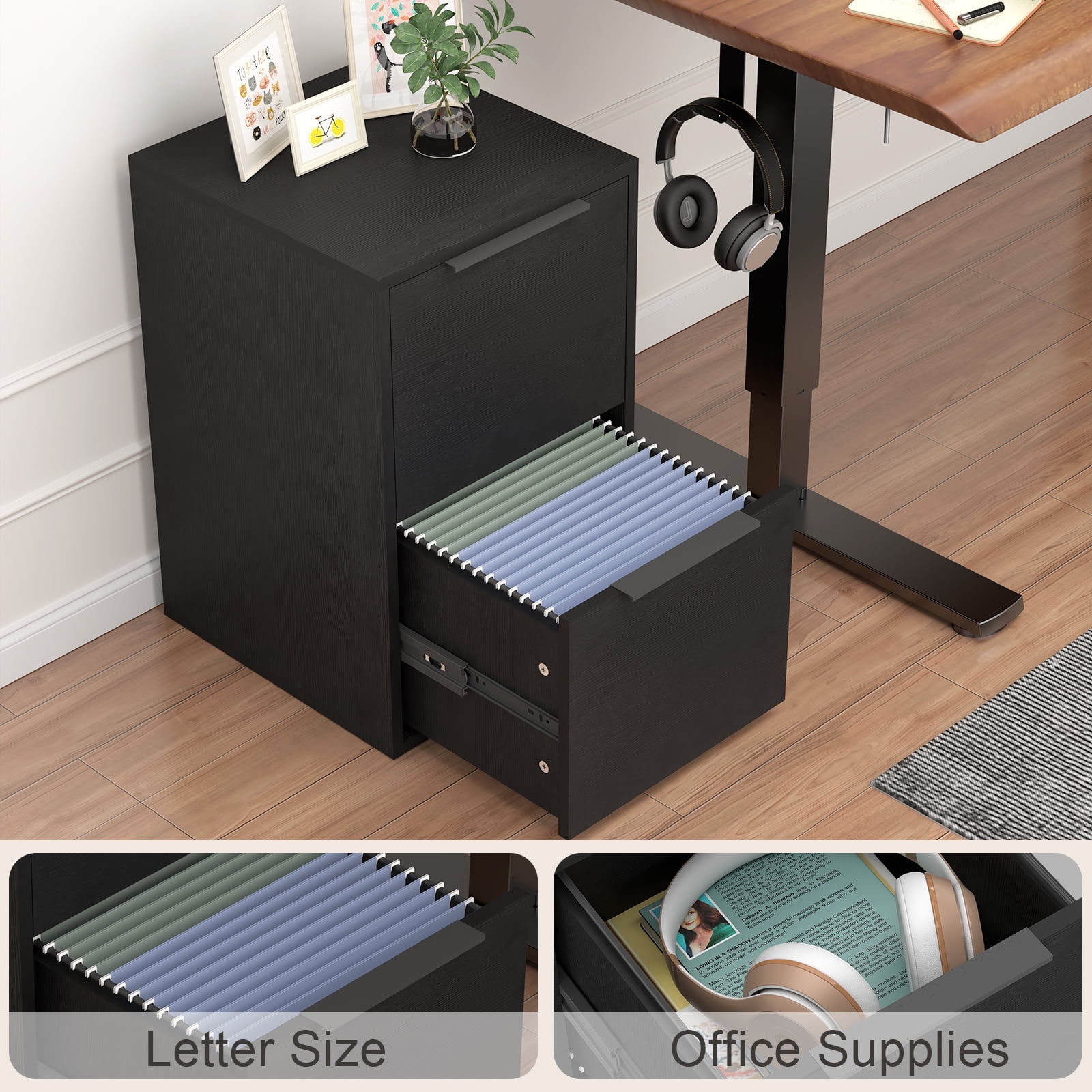 Marcree Wooden File Cabinet 2 Drawer, Wood Vertical Filing Cabinet with Hanging Bars for Letter Size, Wooden Small File Cabinets for Home Office, Black, Assemble Required