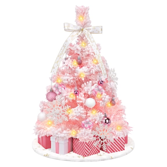 Leyaron Mini Christmas Tree with Lights, 2FT Artificial Small Table Top Christmas Tree with Ornaments for Holiday Xmas Party Home Decor, Pink