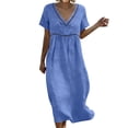 thumbnail image 3 of Fashion Plus Size Dresses for Womens 2026 Summer Cotton And Linen Solid Color Dress Short Sleeved V-neck Lace Trimmed Loose Casual Summer Beach Dress, 3 of 9