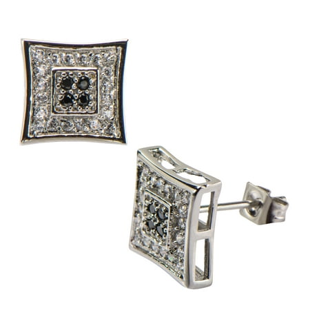 Body Art Stainless Steel with Clear and Black CZ Stones in Pave Set Square Kite Hip Hop Studs Earrings