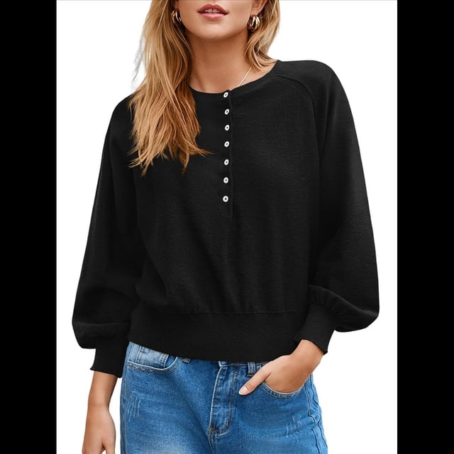 Suéter de Cuello Redondo con Botones para Mujer, Camisetas Henley de Larga de Otoño, Tops de Punto Holgados A Negro XL