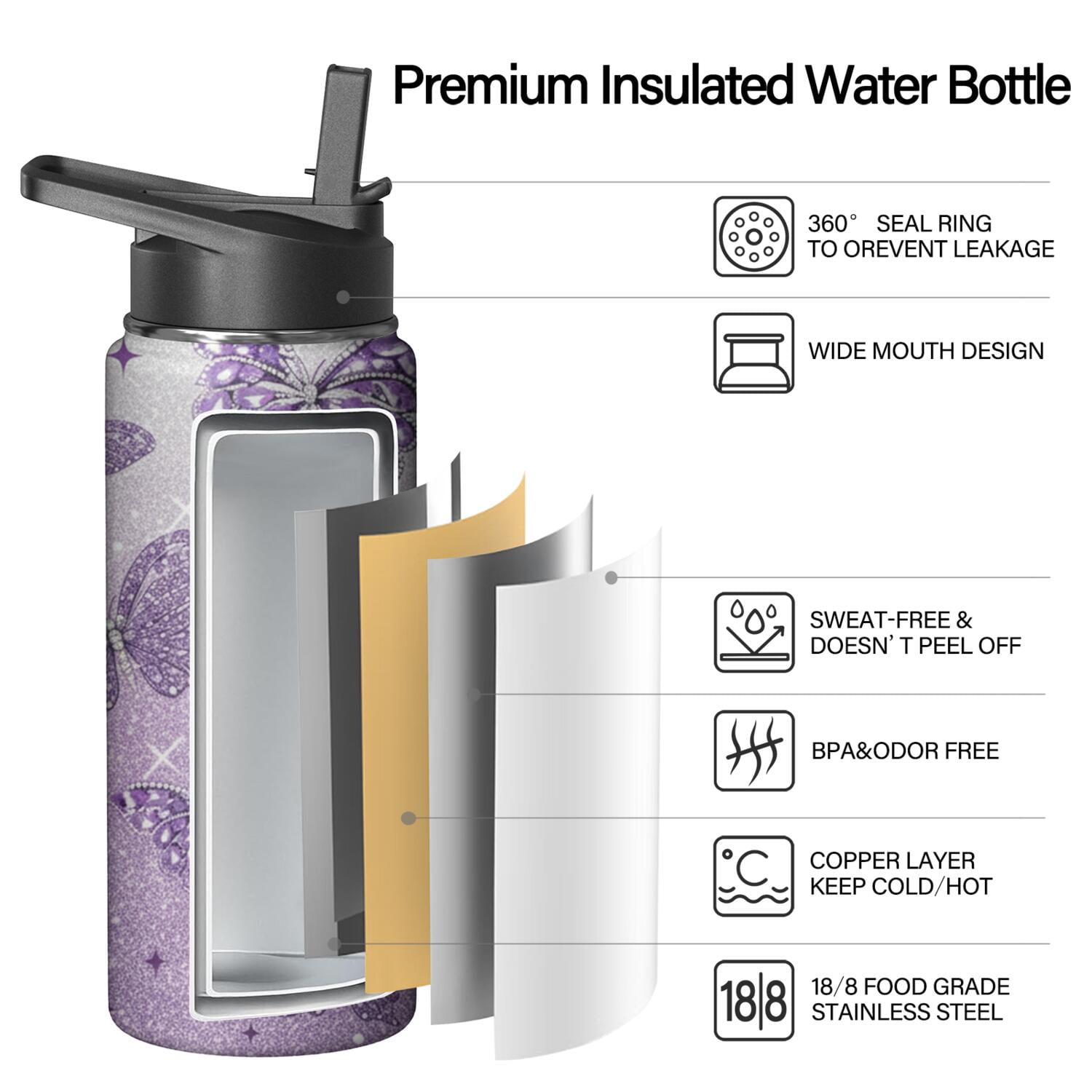 Butterfly 18oz Insulated Water Bottle with Straw & Cleaning Brush, Leakproof, BPA-Free, 304 Stainless Steel, Wide Mouth, Travel Mug for Car, Gym, Office, Spring