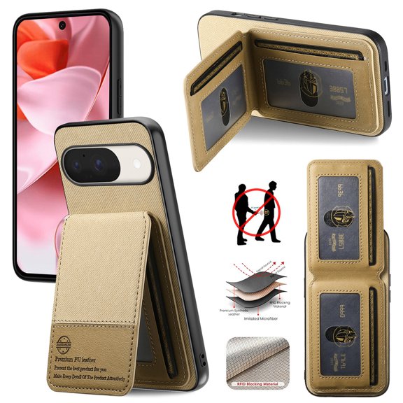 ELEHOLD Case for Google Pixel 9 / 9 Pro, RFID Blocking Slim PU Leather Wallet Case with Card Holder & Kickstand,Khaki