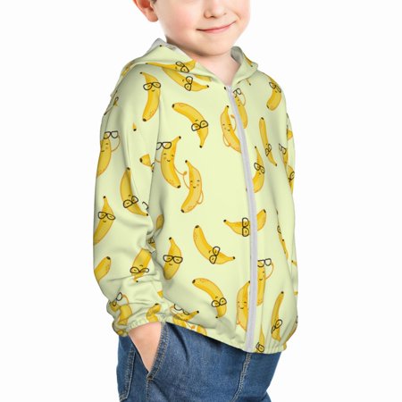 

Uemuo Bananas Pattern Rash Guard for Boys Girls Long Sleeve Swim Shirts UPF 50+ UV Sun Protection Hooded Fishing Shirt with Pocket for Kid-3 Years