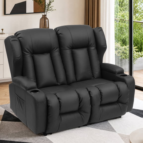 IPKIG 54.3" Loveseat Recliner Sofa, Manual Recliner with Cup Holders, RV Home Theater Seating, Faux Leather Black