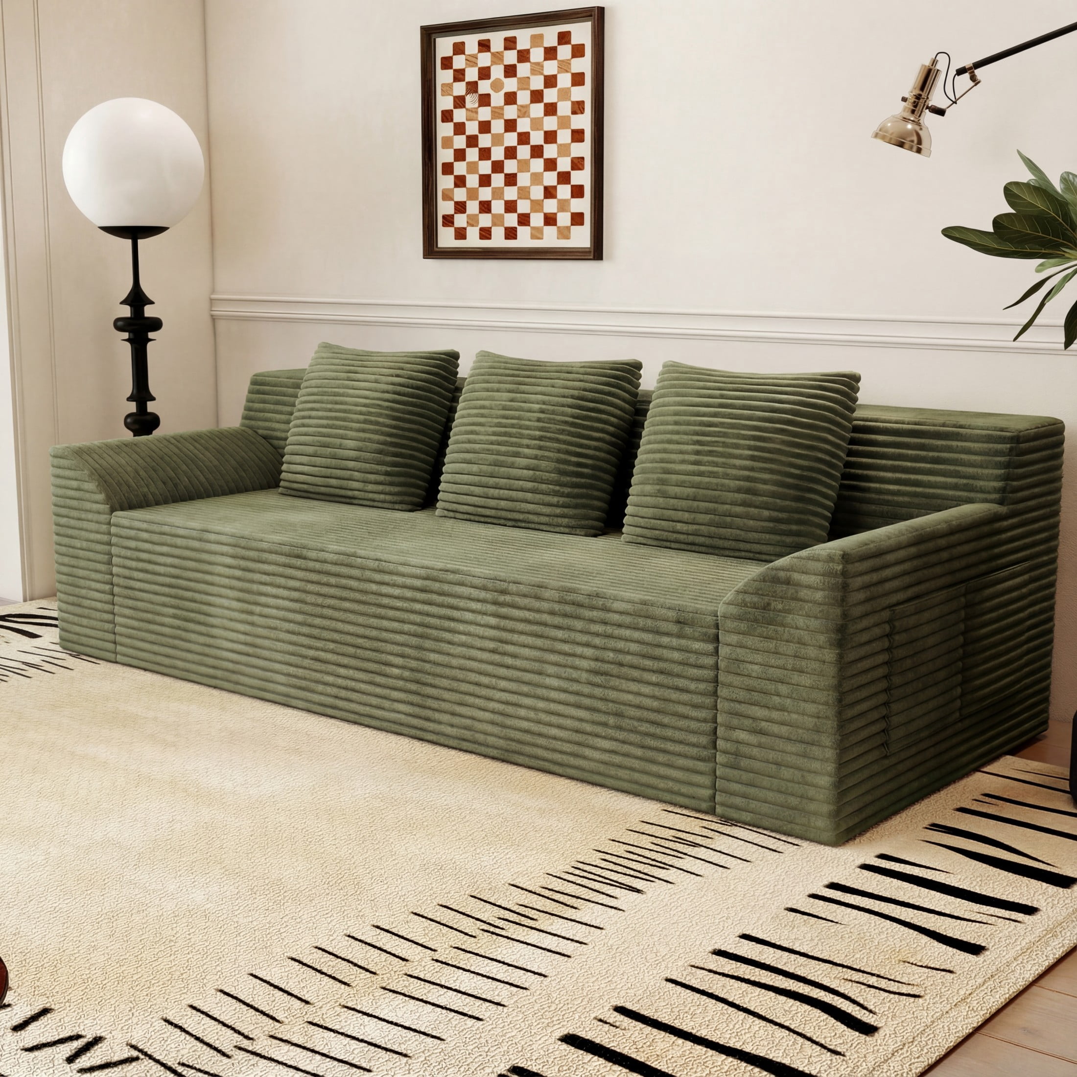 Aukfa 71" 3 Seater Sofa, Corduroy 26" Deep Seat Cloud Couch, No Assembly Boneless Sofa for Living Room, Bedroom, Apartment, Green