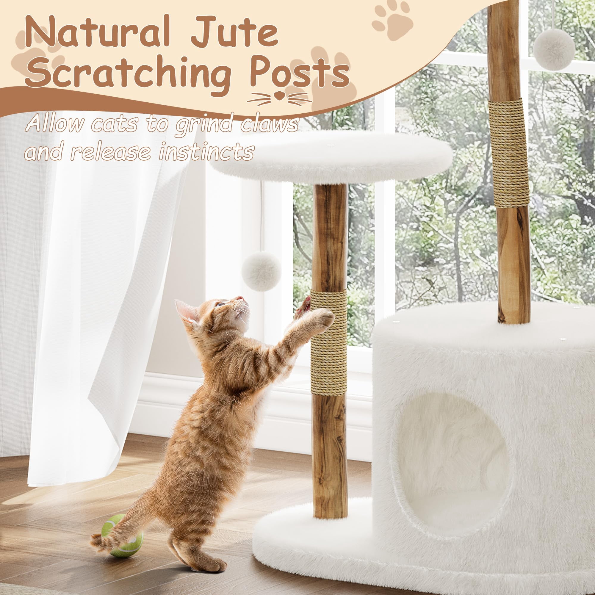 Yeshouse Boho Aesthetic Real Wood Cat Tree, Indoor Cat Tower with Scratching Post, Bed & Wicker Condo for Cats