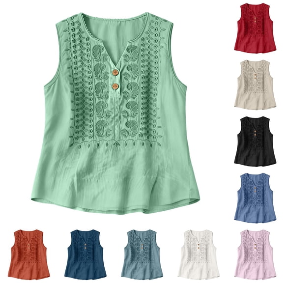 Women's Cotton Linen Vest, V Neck Sleeveless Embroidered Tank Top, Bohemian Style Casual Summer Top for Beach, Travel, Daily Wear and Layering-Beige