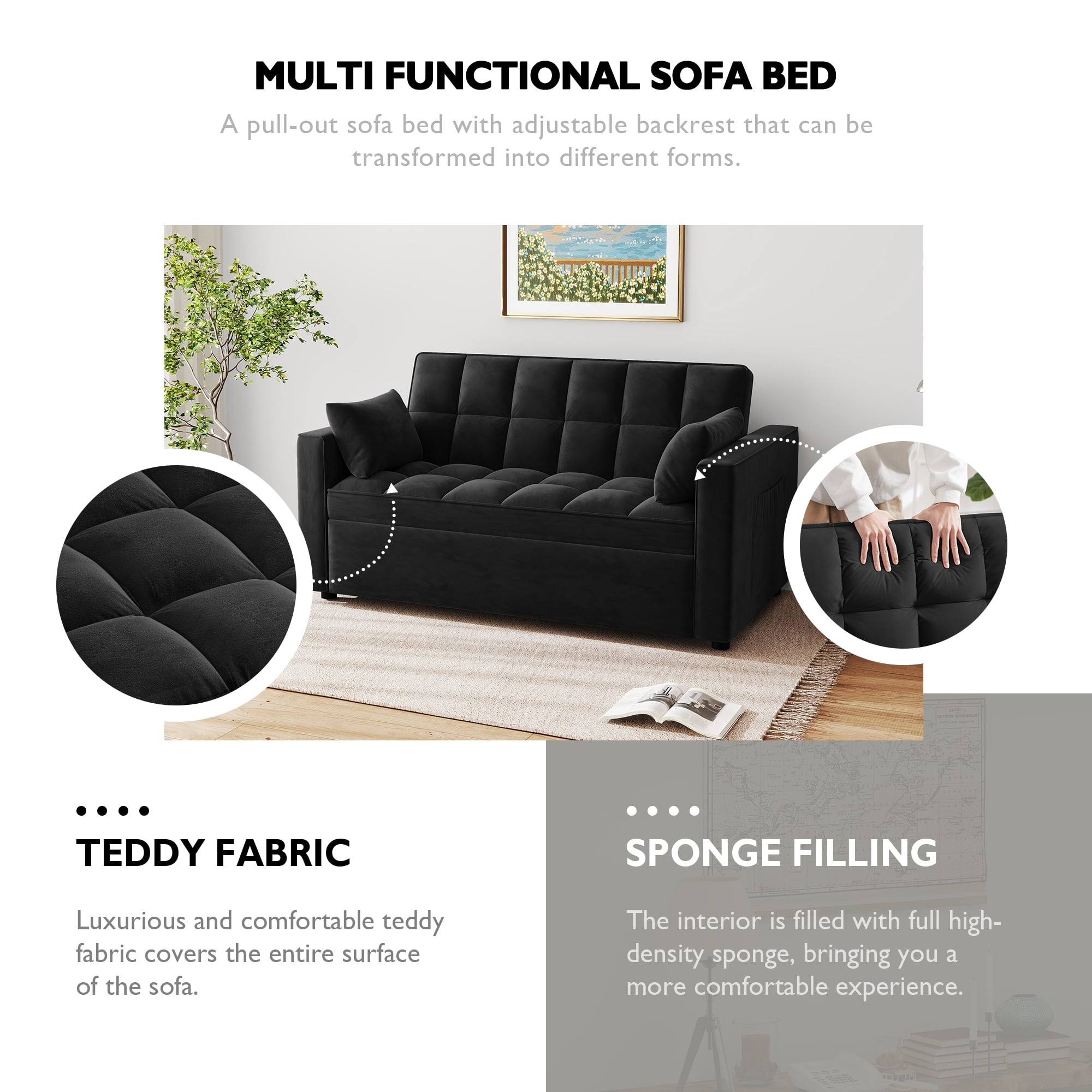 AENKYO Convertible Pull-Out Loveseat Sleeper Sofa Bed for Living Room, Modern Upholstered Futon in Black