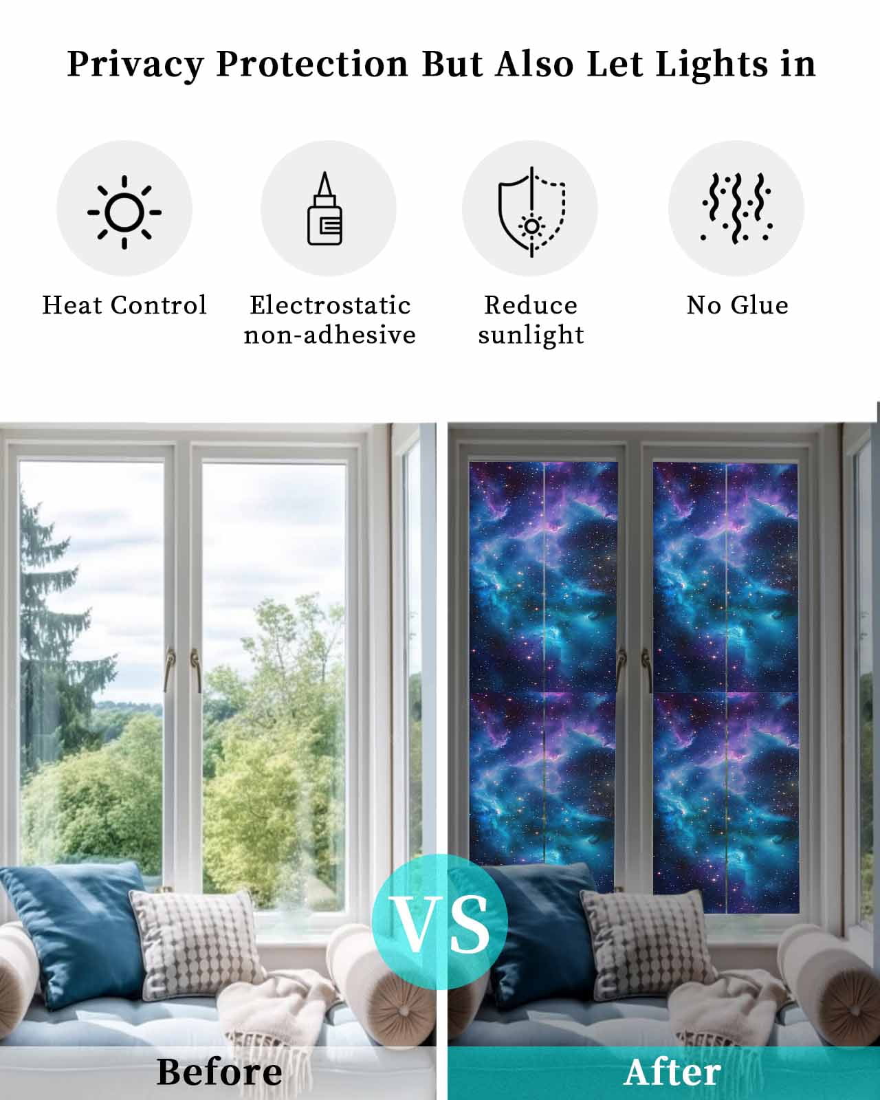 Window Privacy Film Starry Sky Stained Glass Window Film Decorative Sun Block Window Cover Modern Rustic Blue Purple Ombre Star Night Window Clings Static Adhesive Sticker for Bathroom 23.6"x78.7"
