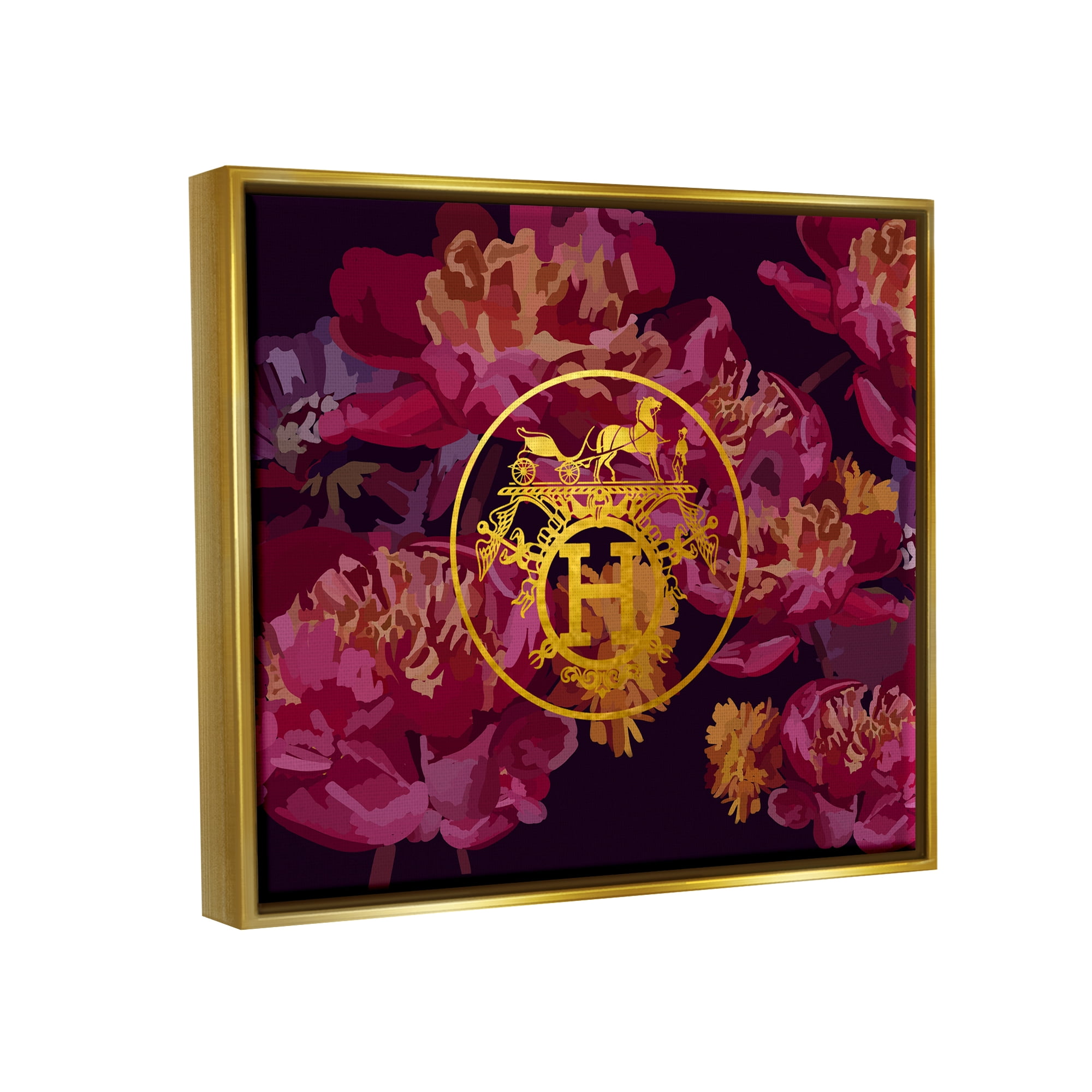 Stupell Industries Glam Emblem Flower Pattern Botanical & Floral Painting Gold Floater Framed Canvas Art Print Wall Art, 21 x 17