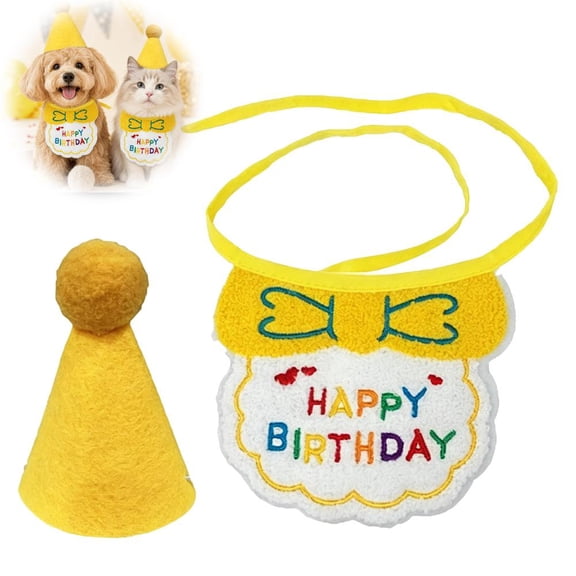 OADUKQ Pet Birthday Hat and Bib Set, Soft Knit Hat and Bib Set, Small Dog Cat Birthday Celebration Party Decor, Yellow
