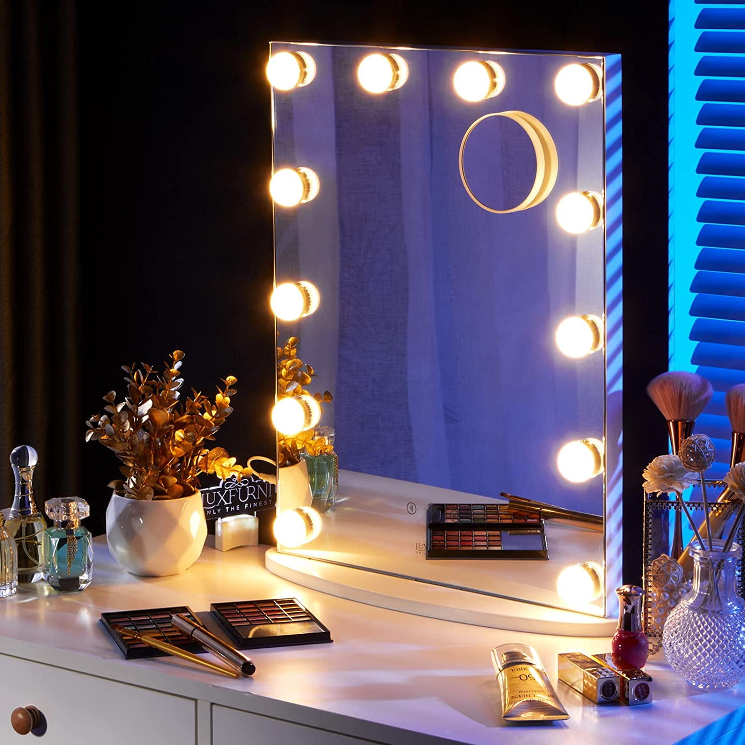 LUXFURNI Vanity Tabletop Hollywood Makeup Mirror USB-Powered Dimmable Light Touch Control  12 Day/Warm LED Light White