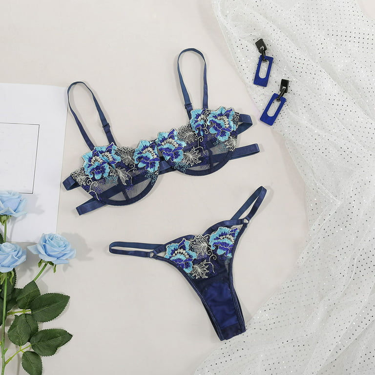 Floral Embroidered Bra & Panties, Underwire Sheer Bra & Mesh Thongs  Lingerie Set, Women's Lingerie & Underwear