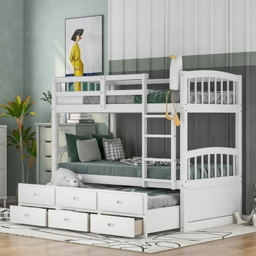 Twin Over Twin Bunk Bed with Trundle, Wood Bed Frame with 3 Drawers, Ladder and Guardrail, Bunk Bed Frame Convertible into 2 Beds for Bedroom, White