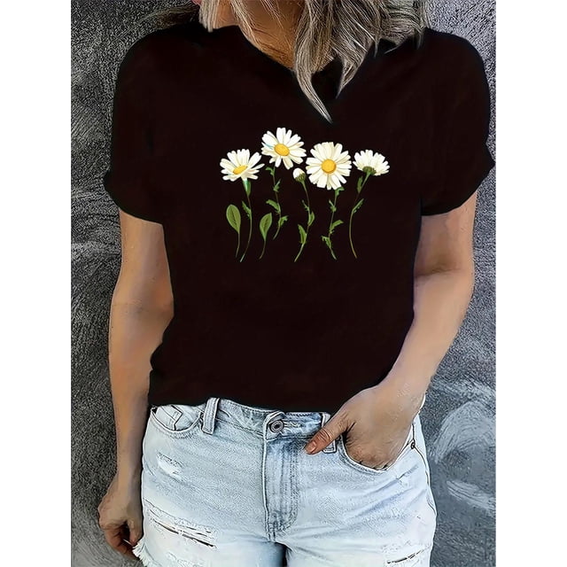 Camiseta de mujer Ropa de verano básicaWomen's Casual Floral Print T-Shirt - Crew Neck, Short Sleeve, Stretchy Polyester Blend, Machine Washable - Perfect for Summer & Casual AttireFather's Day, Mot