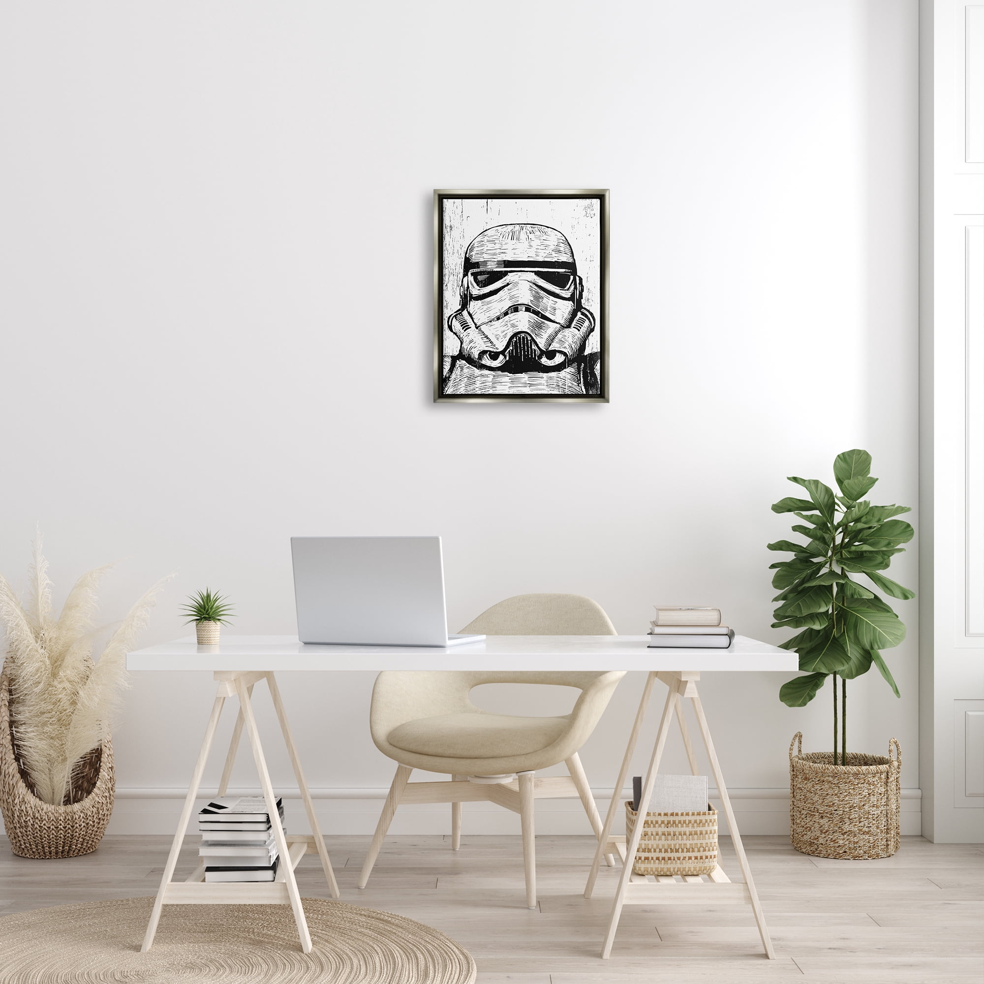 Stupell Industries Black and White Star Wars Stormtrooper Distressed Wood Etching Luster Gray Framed Floating Canvas Wall Art, 16x20, by Neil Shigley