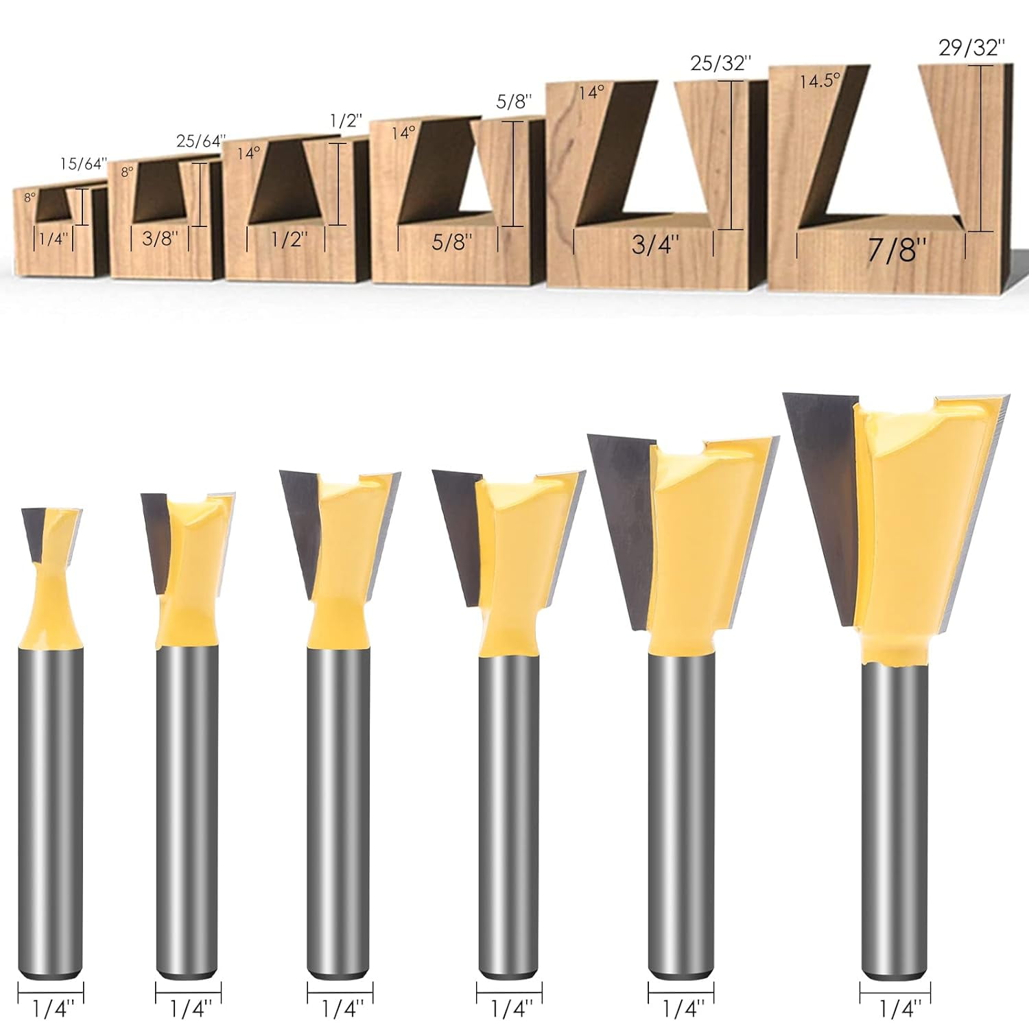ABPETE Dovetail Router Bit Set 6 Sizes with 1/4 Inch Shank ,Cutting Dia in 1/4" 3/8" 1/2" 5/8" 3/4" 7/8" Wood Milling Cutter Tool for Making Boxes Drawers Chests,Great for Craftsman Woodworking