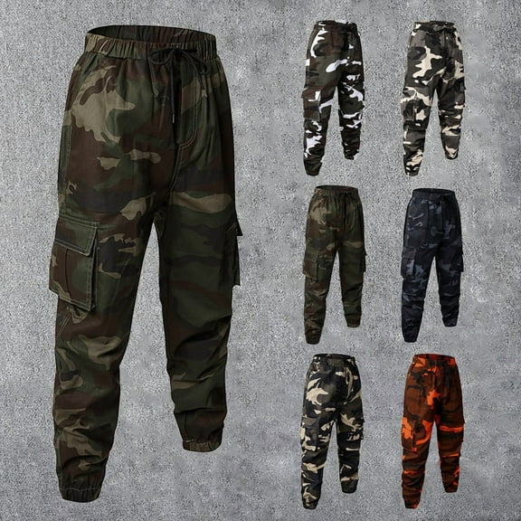 Camo Pants Men Joggers Slim Fit Combat Military Camouflage Cargo Pants with Multi Pockets Elastic Waist Drawstring BDU Pants Men Camouflage L