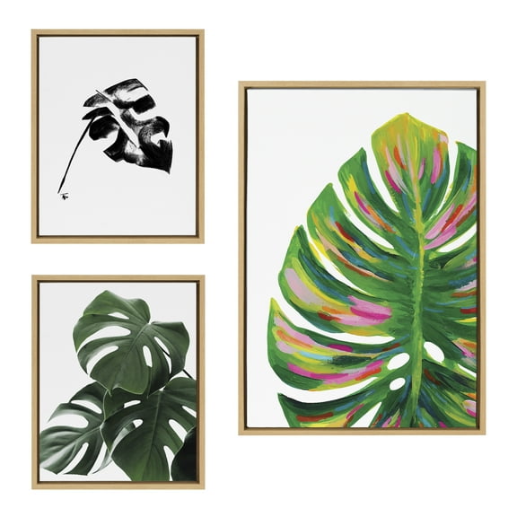 Kate and Laurel Sylvie EV Monstera, 582 Monstera and Monstera Leaves Framed Canvas Wall Art Set by Various Artists, 3 Piece Set Natural, House Plant Art for Wall