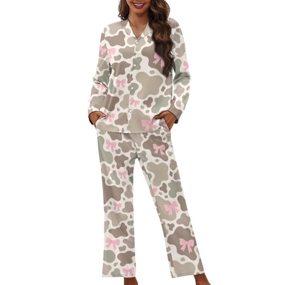 Yuyamidu Comfortable Pajamas Set for Fall Spring Winter Casual Tredny T-Shirt Sleepwear Pink Bow Camo V Neck Shirt 2PCS Thermal Button PJ Women Athletic Clothing Size XS