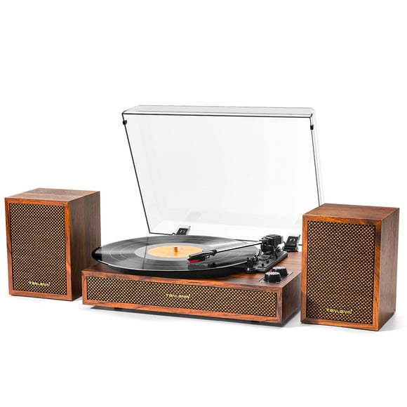 Vinyl Record Player with External Speakers, 3 Speed Vintage Stereo Turntable for Vinyl Records, Bluetooth Input, Auto Stop & Belt Driven System, RCA Out and Aux in - Brown Wood