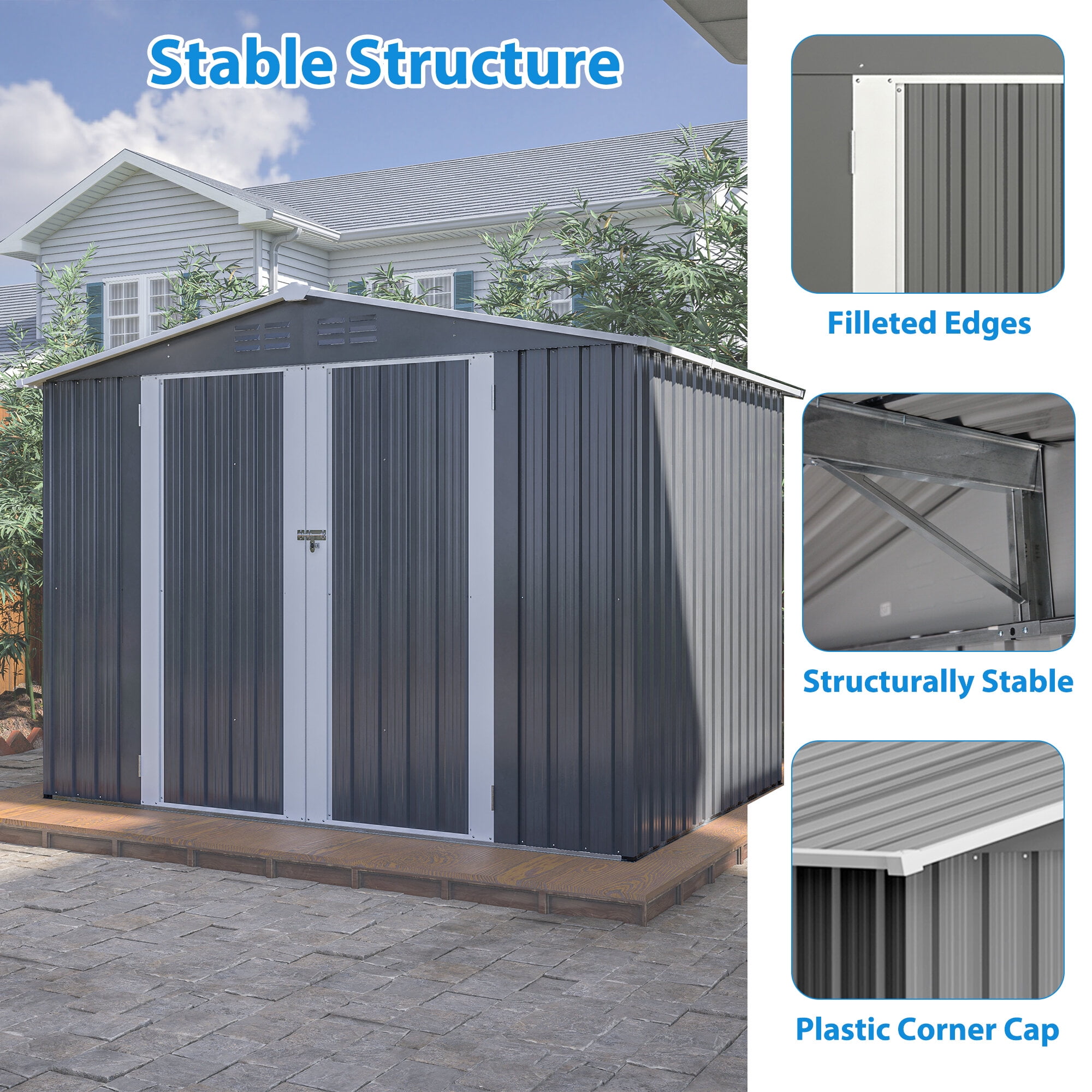 Outdoor Storage Shed 8 x 6 FT Outdoor Waterproof Garden Tool Storage Sheds with Metal Foundation with Floor Frame, Tool Shed with Lockable Hinged Doors & Air Vents, Storage House Waterproof for Backy