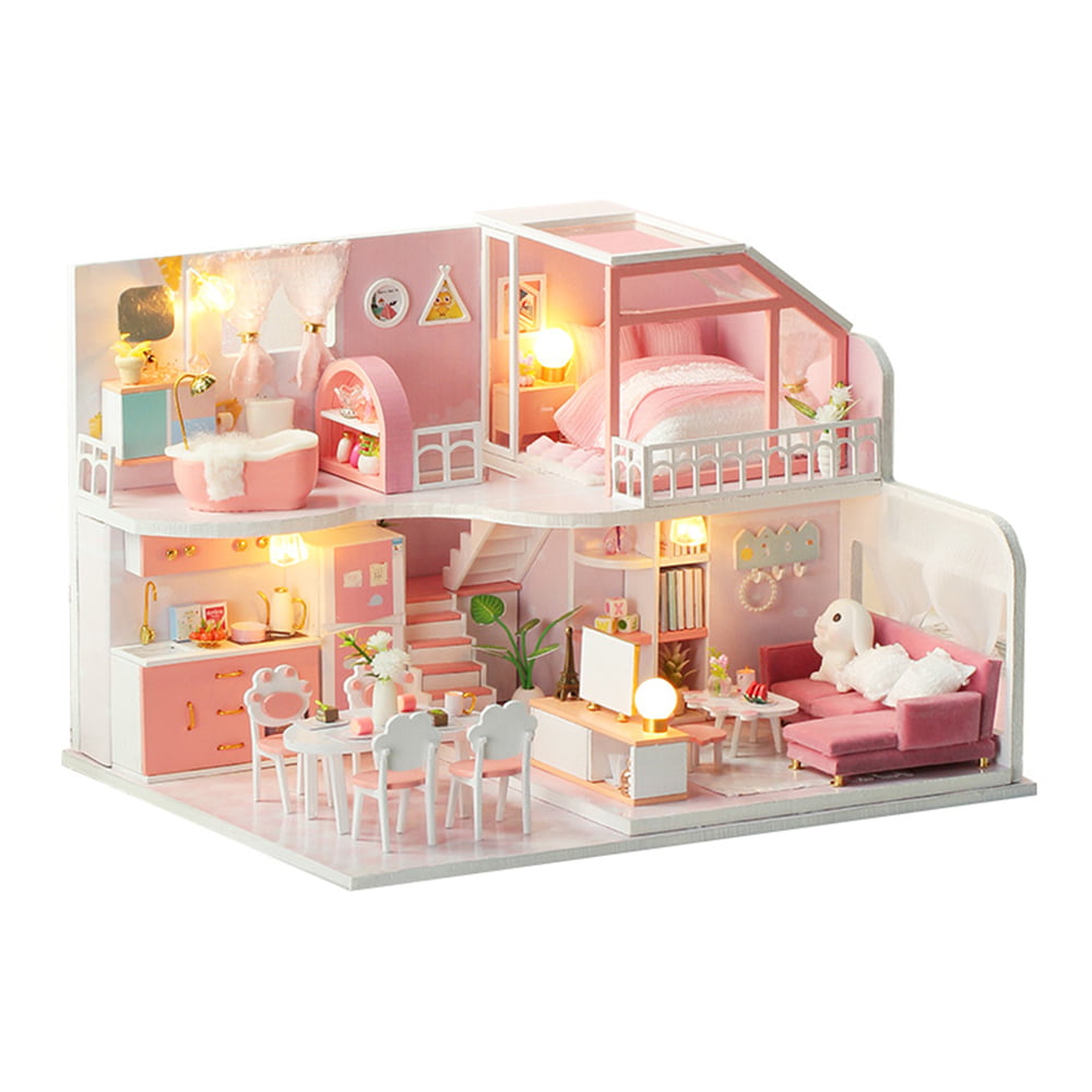 ROBOTIME DIY Wooden Dollhouse Kits Miniature House Kits with LED Light-Gifts 