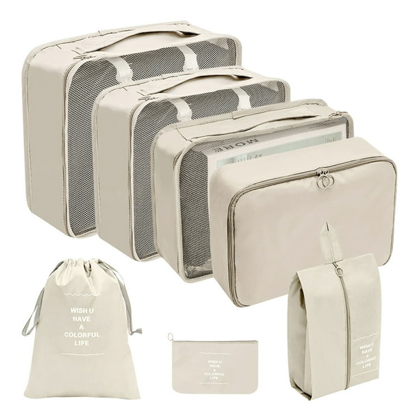 Juego de 7 Piezas de Bolsas de Almacenamiento de Viaje en Tela Oxford con Bolsas Organizadoras de Malla para Zapatos, Ropa Interior y Maquillaje, Cubos de Empaque Plegables para Equipaje con Asas y
