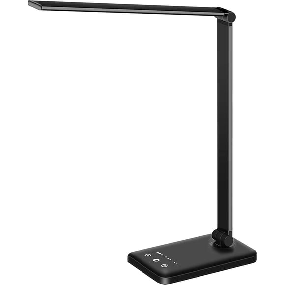 Lámpara de escritorio con corona blanca, LED regulable, lectura con puerto USB, color negro