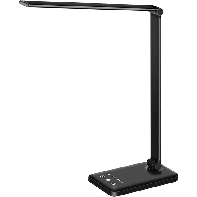 Lámpara de escritorio con corona blanca, LED regulable, lectura con puerto USB, color negro