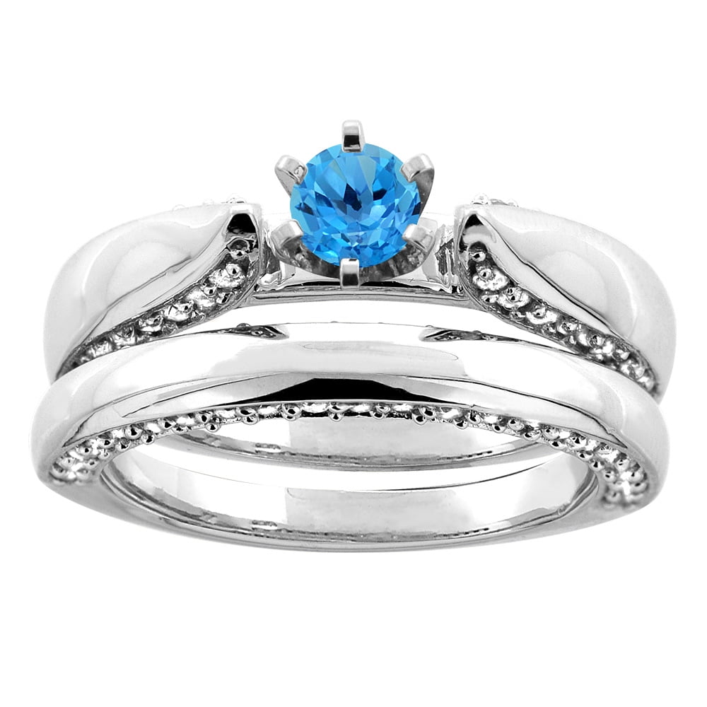 10K White Gold Natural Swiss Blue Topaz 2-piece Bridal Ring Set Diamond Accents Round 5mm, size 10 by Gabriella Gold
